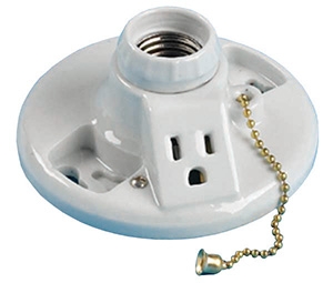 Porcelain Lamp Holder with Pull Chain and 15 AMP Receptacle